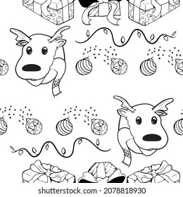handrawn christmas pattern with simple deer illustration black and white for textile,background etc