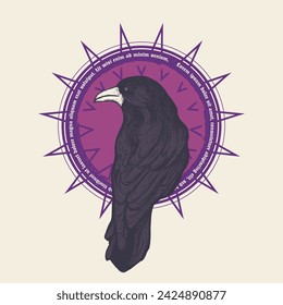 Handrawn Crow with Circle Concept Vector Design Illustration