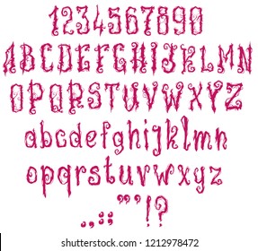 Handrawn curly purple violet font. Gothic style. Vector alphabet, numbers and symbols. Isolated on white background.