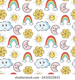 Handrawn cute pattern with sun,rainbow,cloud and moon vector design