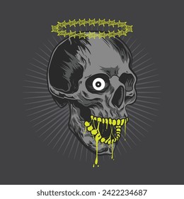 Handrawn Dark Skull with Eye and Chain and Melting Slime Concept Vector Design Illustration