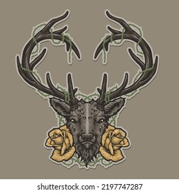 Handrawn Deer Wild Animal Head with Roses Flower Mascot Vector Logo Illustration