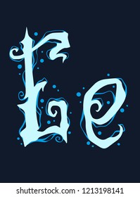 Handrawn design font of blue gothic curly initial and lowercase letter E. Water and bubble style. Isolated on black background. Vector icon.