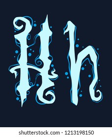 Handrawn design font of blue gothic curly initial and lowercase letter H. Water and bubble style. Isolated on black background. Vector icon.