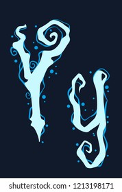 Handrawn design font of blue gothic curly initial and lowercase letter Y. Water and bubble style. Isolated on black background. Vector icon.