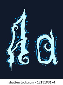 Handrawn design font of blue gothic curly initial and lowercase letter A. Water and bubble style. Isolated on black background. Vector icon.