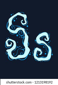 Handrawn design font of blue gothic curly initial and lowercase letter S. Water and bubble style. Isolated on black background. Vector icon.