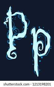 Handrawn design font of blue gothic curly initial and lowercase letter P. Water and bubble style. Isolated on black background. Vector icon.