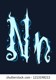 Handrawn design font of blue gothic curly initial and lowercase letter N. Water and bubble style. Isolated on black background. Vector icon.
