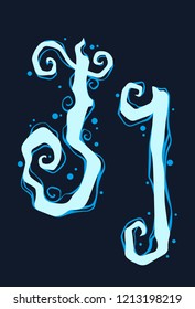 Handrawn design font of blue gothic curly initial and lowercase letter J. Water and bubble style. Isolated on black background. Vector icon.