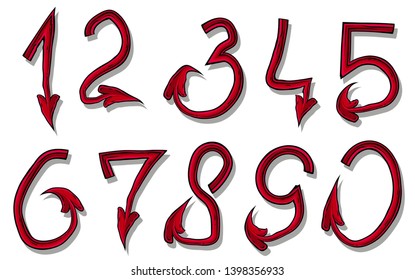 Handrawn design font of red devil numbers. Isolated on white background. Vector icon set.