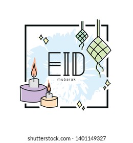 Handrawn Eid Mubarak with ketupat (malay rice dumpling) and traditional oil lamp on square frame.