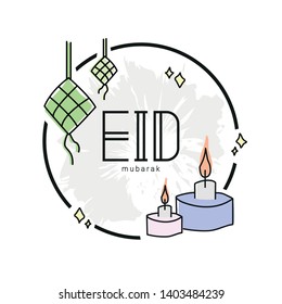 Handrawn Eid Mubarak with ketupat (malay rice dumpling) and traditional oil lamp on circle frame.