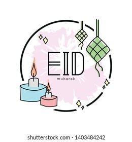 Handrawn Eid Mubarak with ketupat (malay rice dumpling) and traditional oil lamp on circle frame.