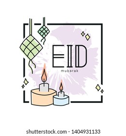Handrawn Eid Mubarak with ketupat (malay rice dumpling) and traditional oil lamp on square frame.