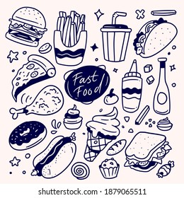 handrawn fast food set, hamburger, pizza, donuts, ice cream