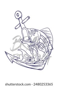 handrawn fishing logo illustration, grunge with text brave and fishing