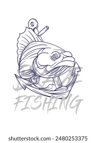 ilustración de logotipo de pesca a mano, grunge con texto valiente y pesca