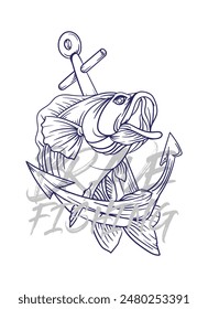 handrawn fishing logo illustration, grunge with text brave and fishing