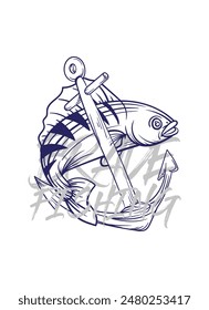 ilustración de logotipo de pesca a mano, grunge con texto valiente y pesca