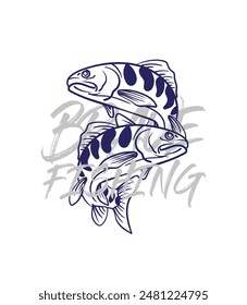 ilustración de logotipo de pesca dibujado a mano, grunge con texto valiente y pesca fondo blanco