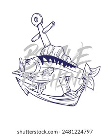 ilustración de logotipo de pesca dibujado a mano, grunge con texto valiente y pesca fondo blanco