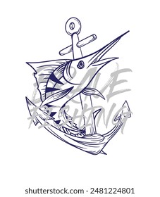 ilustración de logotipo de pesca dibujado a mano, grunge con texto valiente y pesca fondo blanco