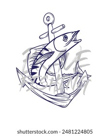 ilustración de logotipo de pesca dibujado a mano, grunge con texto valiente y pesca fondo blanco