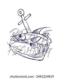 ilustración de logotipo de pesca dibujado a mano, grunge con texto valiente y pesca fondo blanco