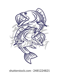 ilustración de logotipo de pesca dibujado a mano, grunge con texto valiente y pesca fondo blanco