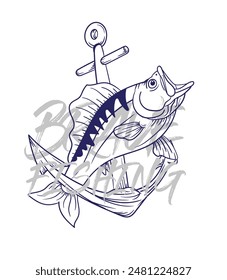 ilustración de logotipo de pesca dibujado a mano, grunge con texto valiente y pesca fondo blanco