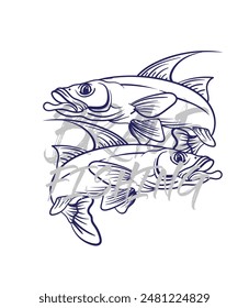 ilustración de logotipo de pesca dibujado a mano, grunge con texto valiente y pesca fondo blanco