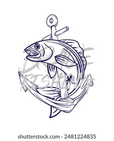 ilustración de logotipo de pesca dibujado a mano, grunge con texto valiente y pesca fondo blanco