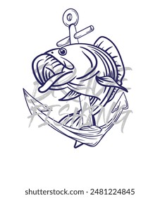 handrawn fishing logo illustration, grunge with text brave and fishing white background