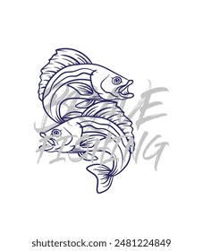 ilustración de logotipo de pesca dibujado a mano, grunge con texto valiente y pesca fondo blanco