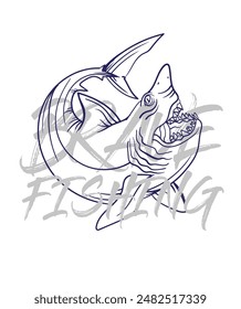 ilustración de logotipo de pesca a mano, grunge con texto valiente y pesca fondo blanco aislado