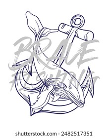 handrawn fishing logo illustration, grunge with text brave and fishing white background isolated