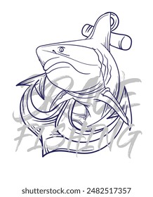 ilustración de logotipo de pesca a mano, grunge con texto valiente y pesca fondo blanco aislado