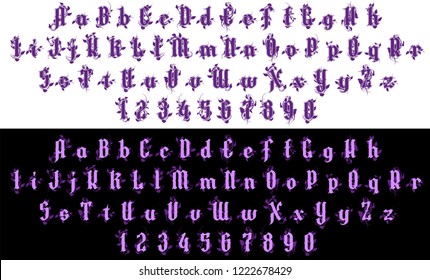 Handrawn grunge violet font with rose branch, stem, leaves and thorns. Gothic vintage style. Vector alphabet, numbers and symbols. Isolated on black and white background.