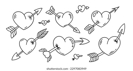 Handrawn hearts set and arrows in different positions.