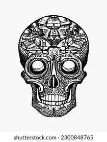 Handrawn line skull artwork dia de los muertos