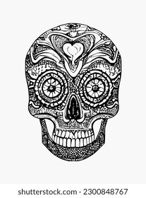 Handrawn line skull artwork dia de los muertos