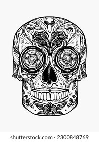 Handrawn line skull artwork dia de los muertos