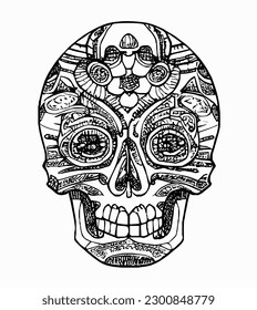 Handrawn line skull artwork dia de los muertos