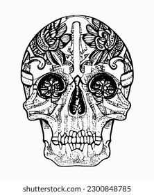 Handrawn line skull artwork dia de los muertos