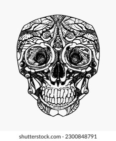 Handrawn line skull artwork dia de los muertos
