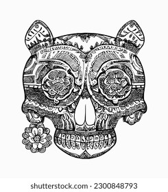 Handrawn line skull artwork dia de los muertos