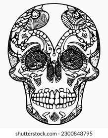 Handrawn line skull artwork dia de los muertos