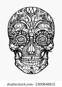 Handrawn line skull artwork dia de los muertos