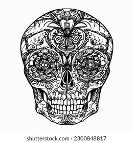 Handrawn line skull artwork dia de los muertos